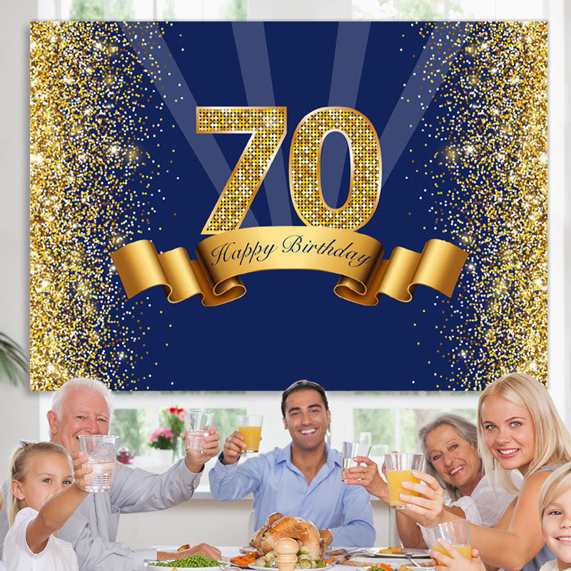 Lofaris Golden Glitter Navy Blue Happy 70Th Birthday Backdrop