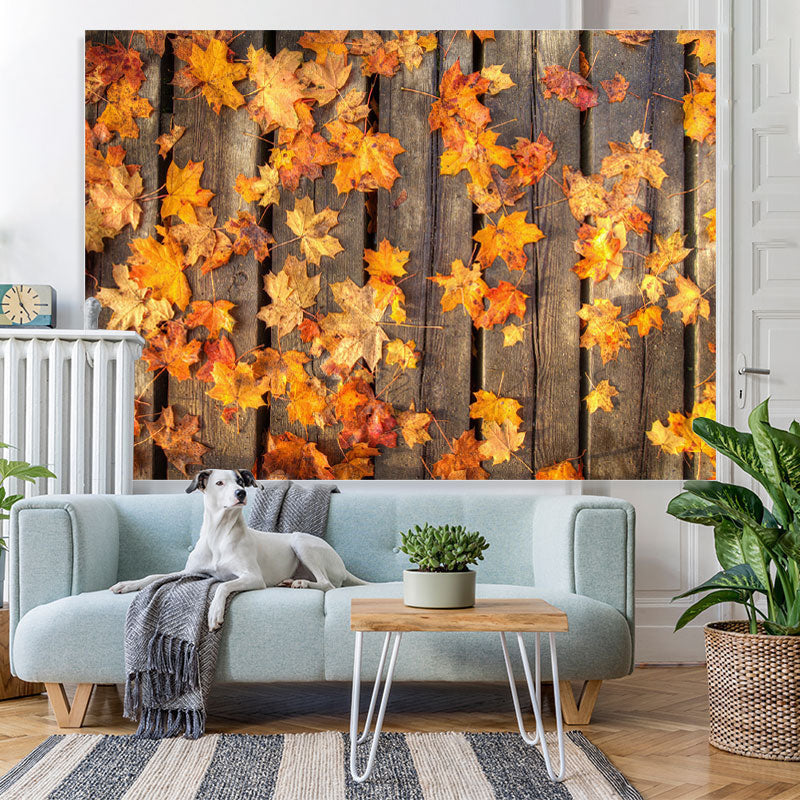 Lofaris Golden Leaves On The Ground Wooden Autumn Backdrop