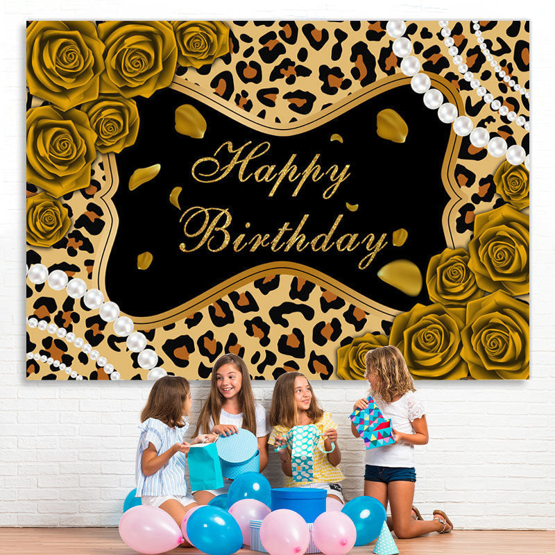 Lofaris Golden Rose Glitter Leopard Happy Birthday Backdrop