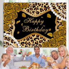 Lofaris Golden Rose Glitter Leopard Happy Birthday Backdrop