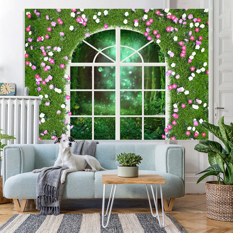 Lofaris Green And Floral Window Bokeh Outside Spring Backdrop