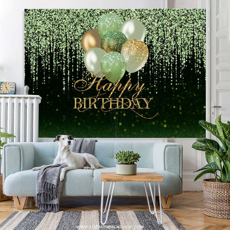 Lofaris Green And Gold Glitter Balloons Happy Birthday Backdrop