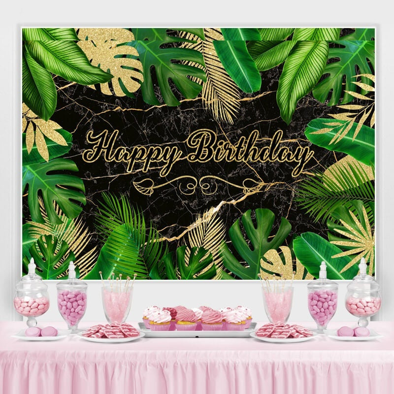 Lofaris Green And Gold Leaves Happy Birthday Backdorp For Party