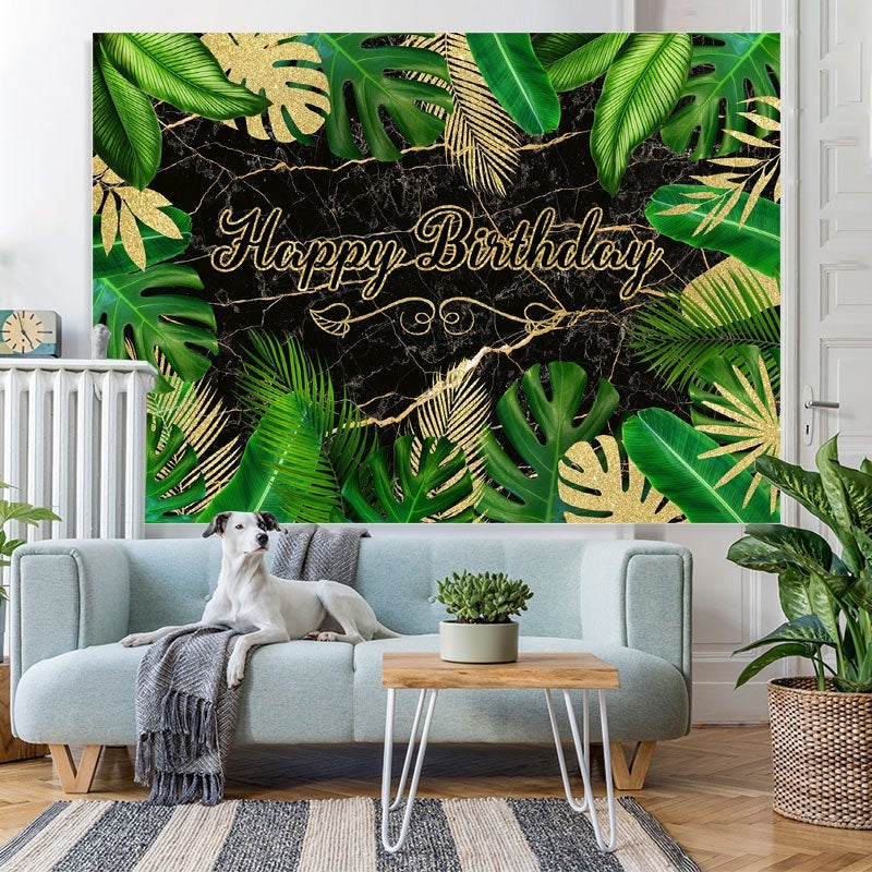 Lofaris Green And Gold Leaves Happy Birthday Backdorp For Party