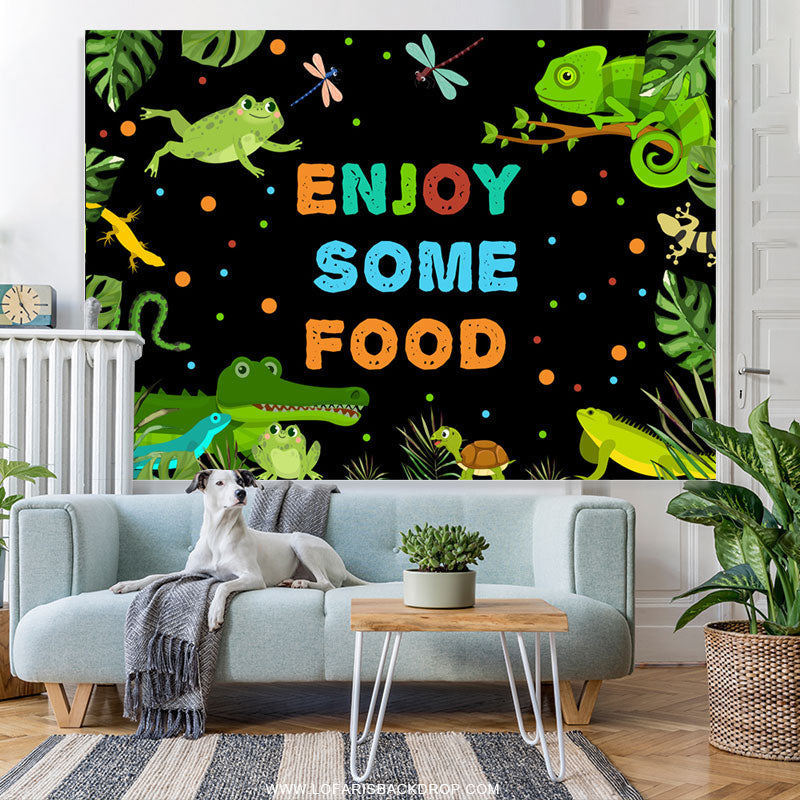 Lofaris Green Animals Enjoy Some Food Black Birthday Backdrop