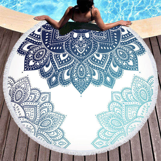 Lofaris Green Bohemian Mandala Round Beach Towel With Fringe
