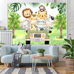Lofaris Green Car And Forest Animals Happy Birthday Backdrop