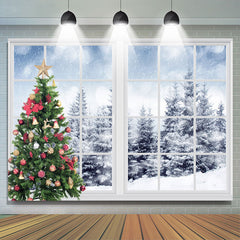 Lofaris Green Christmas Tree And Outside Snowy World Backdrop