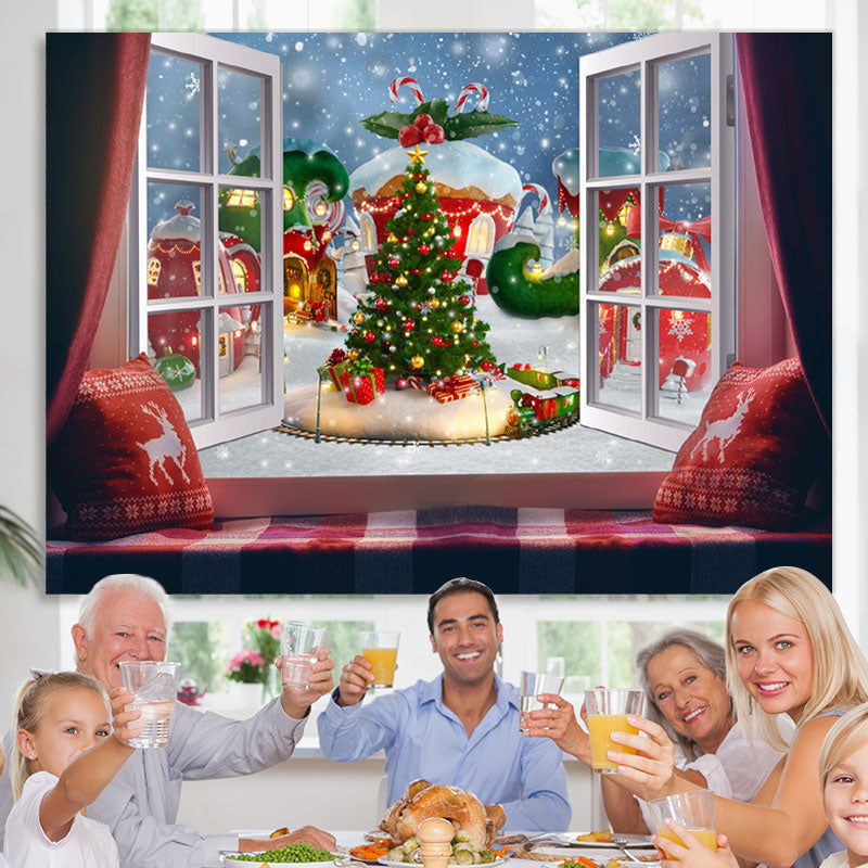 Lofaris Green Christmas Tree And Outside Window Winter Backdrop