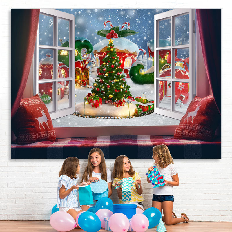 Lofaris Green Christmas Tree And Outside Window Winter Backdrop