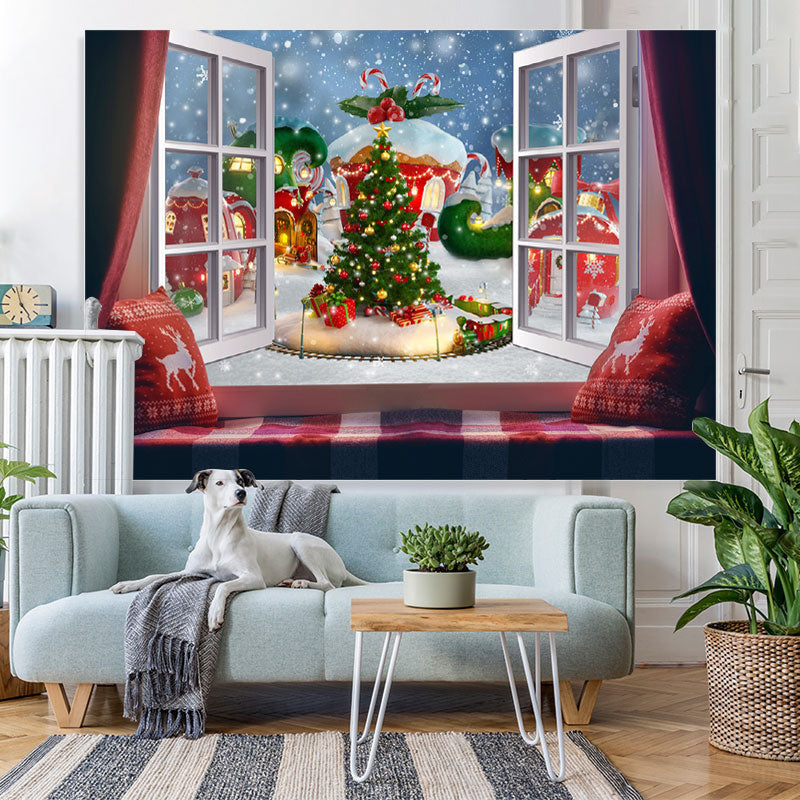 Lofaris Green Christmas Tree And Outside Window Winter Backdrop