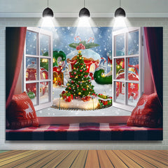 Lofaris Green Christmas Tree And Outside Window Winter Backdrop