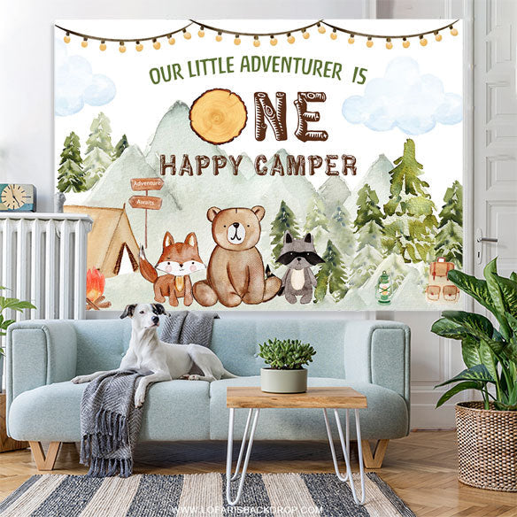 Lofaris Green Forest Adventure Animal 1st Birthday Backdrop