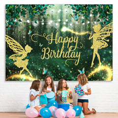 Lofaris Green Forest And Glitter Fairy Happy Birthday Backdrop