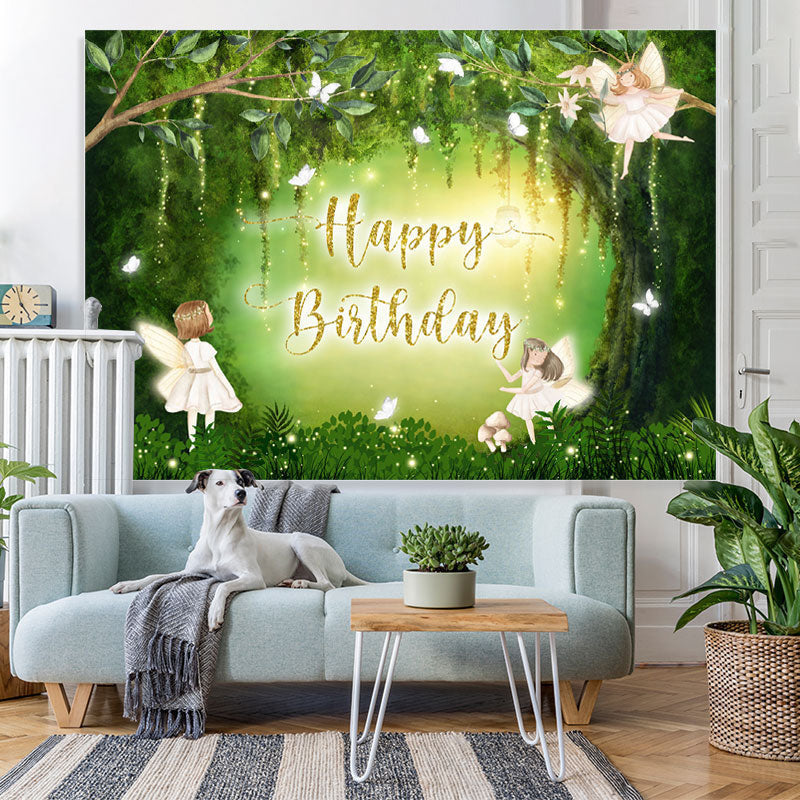 Lofaris Green Forest Butterfly Fairy Happy Birthday Backdrop