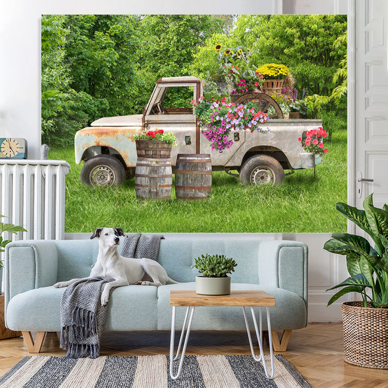 Lofaris Green Forest Grass With A Floral Truck Spring Backdrop