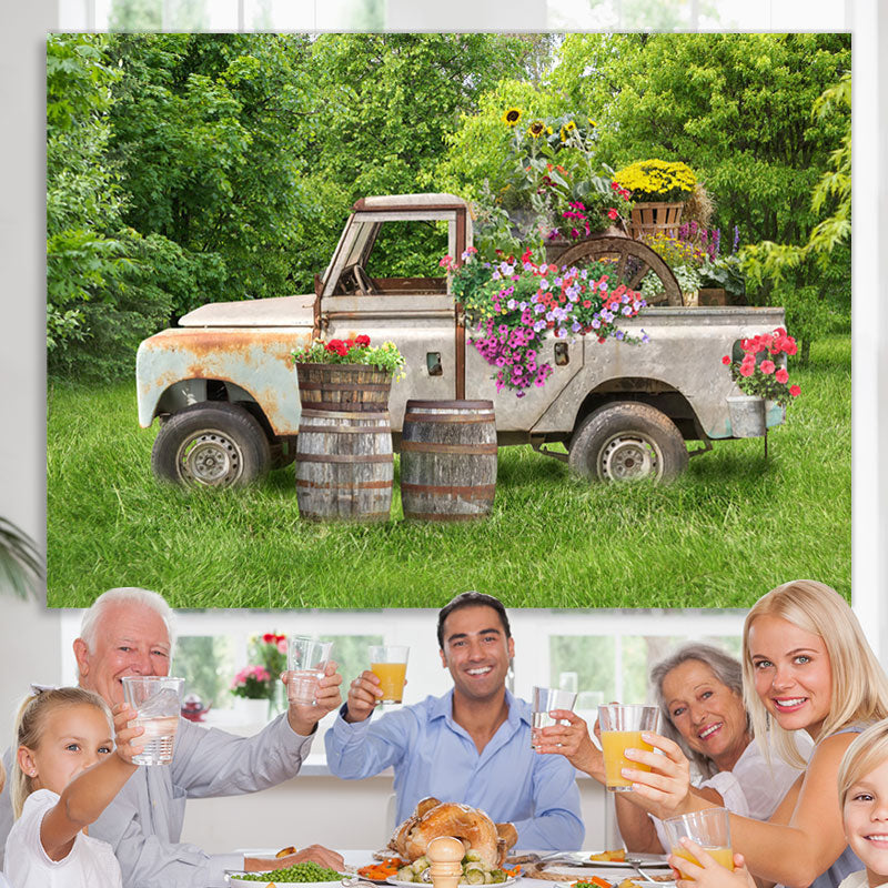Lofaris Green Forest Grass With A Floral Truck Spring Backdrop