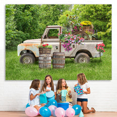 Lofaris Green Forest Grass With A Floral Truck Spring Backdrop