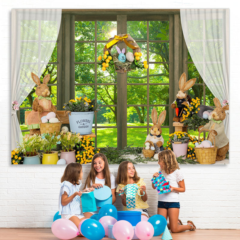 Lofaris Green Forest Outside The Window Happy Easter Backdrop