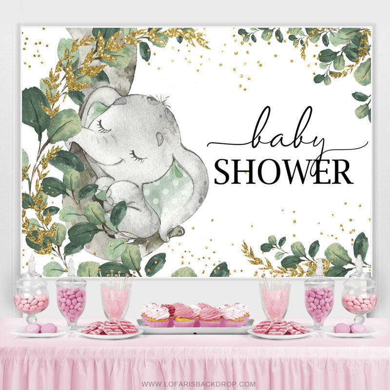 Lofaris Green Gold Leaves Elephant Baby Shower Backdrop