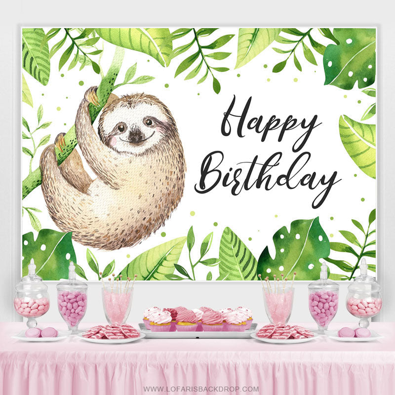 Lofaris Green Leaf And Animal Happy Birthday Backdrop For Kids