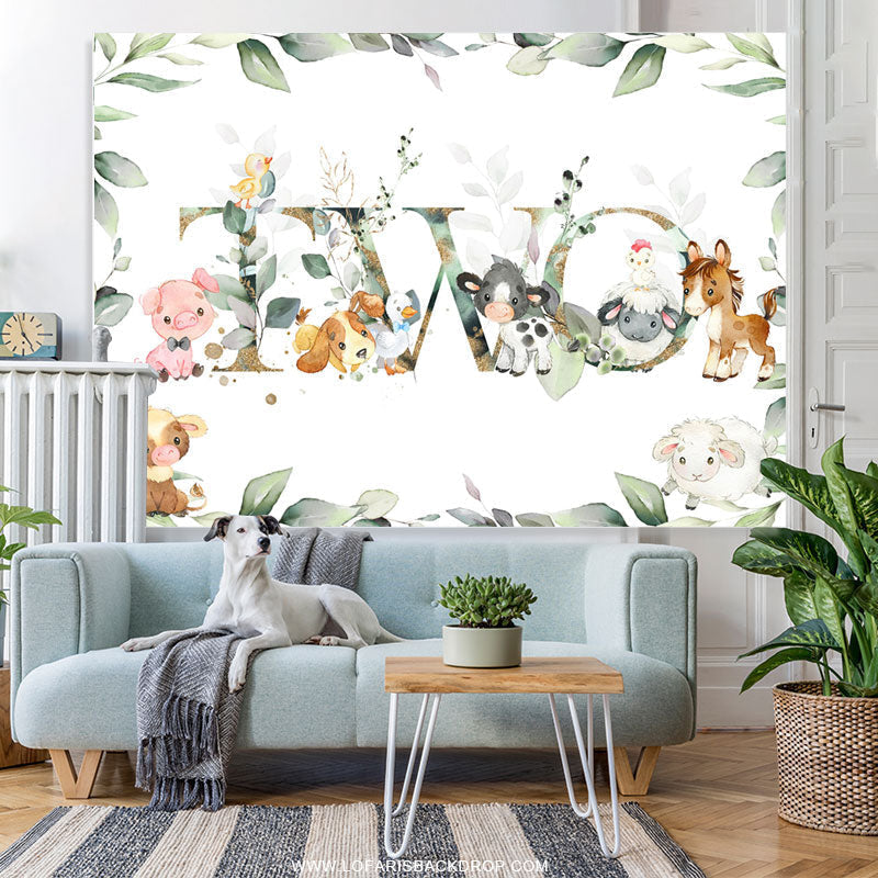 Lofaris Green Leaf And Cute Animals Happy 2nd Birthday Backdrop