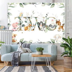 Lofaris Green Leaf And Cute Animals Happy 2nd Birthday Backdrop