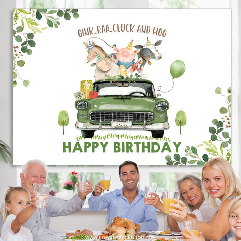 Lofaris Green Leaves And Car With Animal Happy Birthday Backdrop