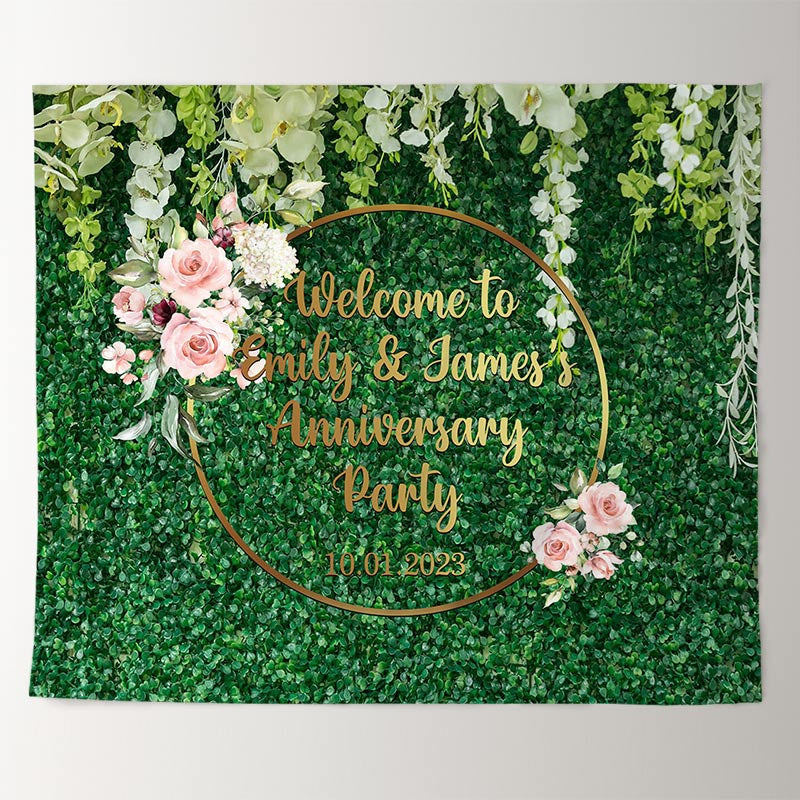 Lofaris Green Leaves And Floral Happy Anniversary Backdrop