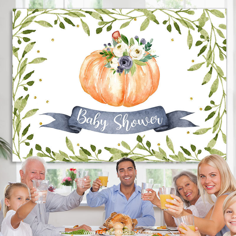 Lofaris Green Leaves And Floral Pumpkin Baby Shower Backdrop