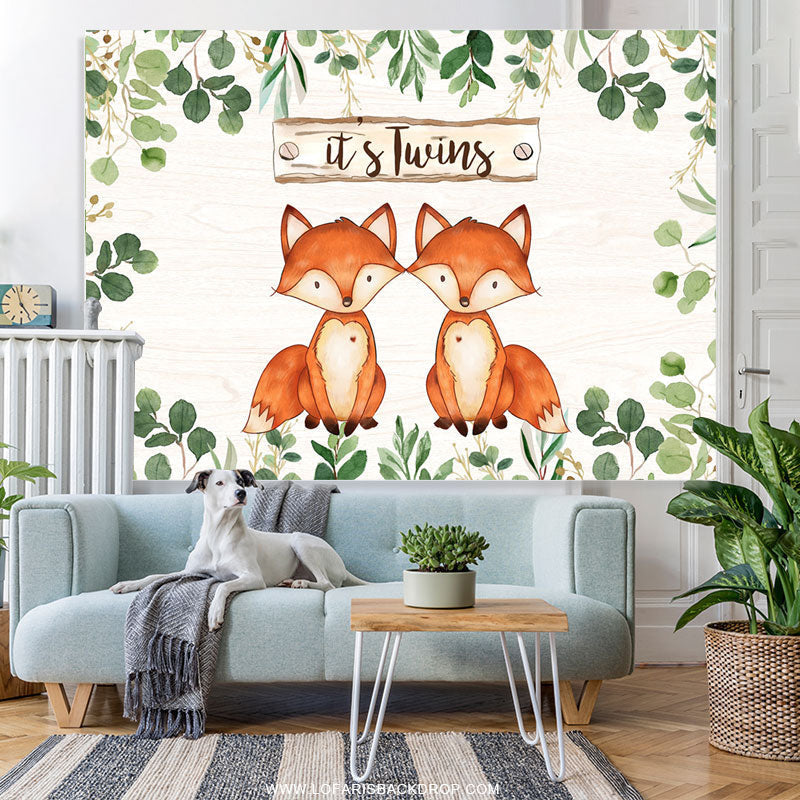 Lofaris Green Leaves And Foxes Its Twins Baby Shower Backdrop