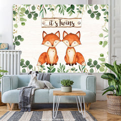 Lofaris Green Leaves And Foxes Its Twins Baby Shower Backdrop