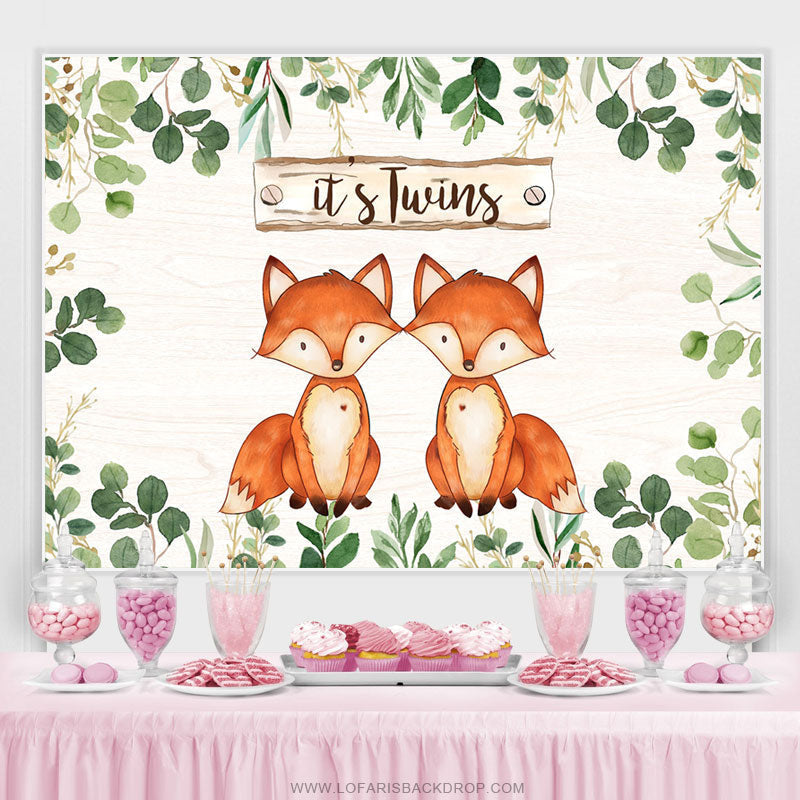 Lofaris Green Leaves And Foxes Its Twins Baby Shower Backdrop