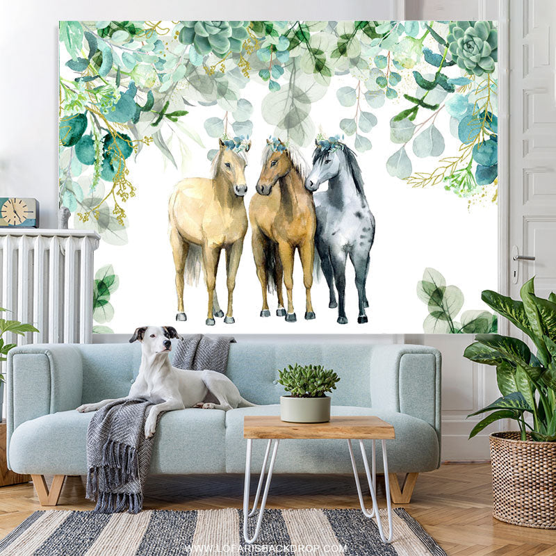 Lofaris Green Leaves And Horse Birthday Backdrop For Party