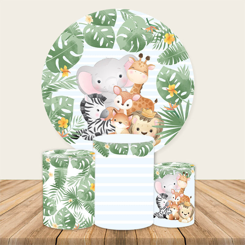Lofaris Green Leaves And Jungle Animals Round Birthday Backdrop Kit