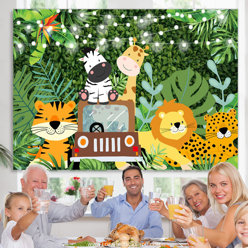 Lofaris Green Leaves And Little Animals Birthday Backdrops