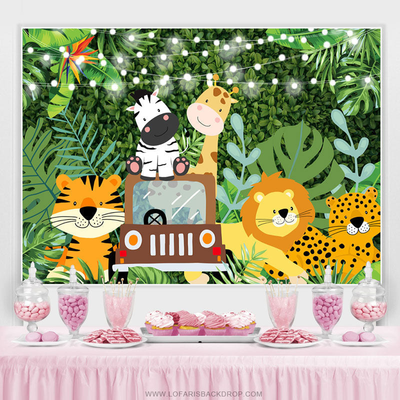 Lofaris Green Leaves And Little Animals Birthday Backdrops