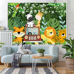 Lofaris Green Leaves And Little Animals Birthday Backdrops