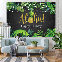 Lofaris Green Leaves Glitter Alha Black Happy Birthday Backdrop