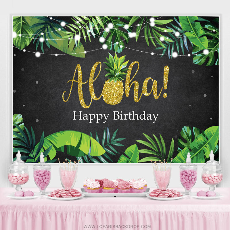 Lofaris Green Leaves Glitter Alha Black Happy Birthday Backdrop