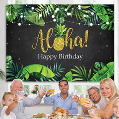 Lofaris Green Leaves Glitter Alha Black Happy Birthday Backdrop