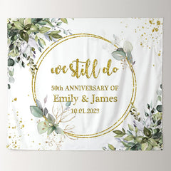 Lofaris Green Leaves Gold Glitter Happy Anniversary Backdrop