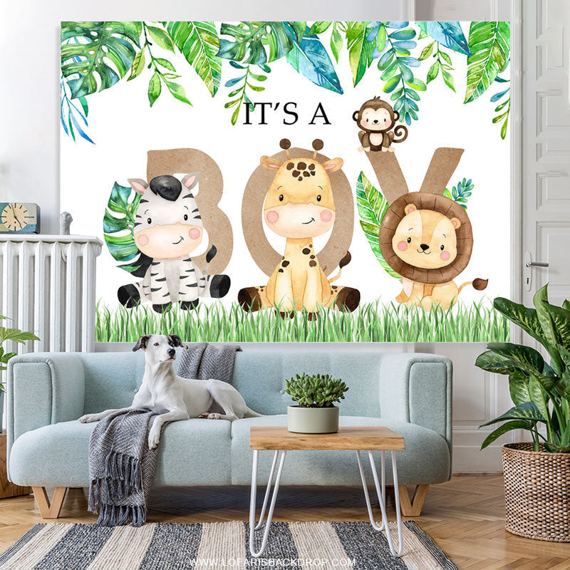 Lofaris Green Leaves Its A Boy Animals Baby Shower Backdrop