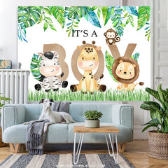 Lofaris Green Leaves Its A Boy Animals Baby Shower Backdrop
