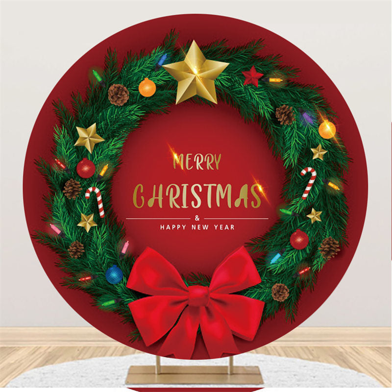 Lofaris Green Leaves Round Navy Red Merry Christmas Backdrop