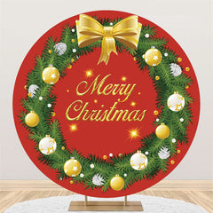 Lofaris Green Leaves Round Red Gold Glitter Christmas Backdrop