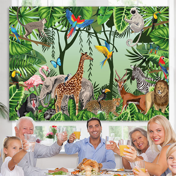 Lofaris Green Leaves Safari Animals Birthday Party Backdrop