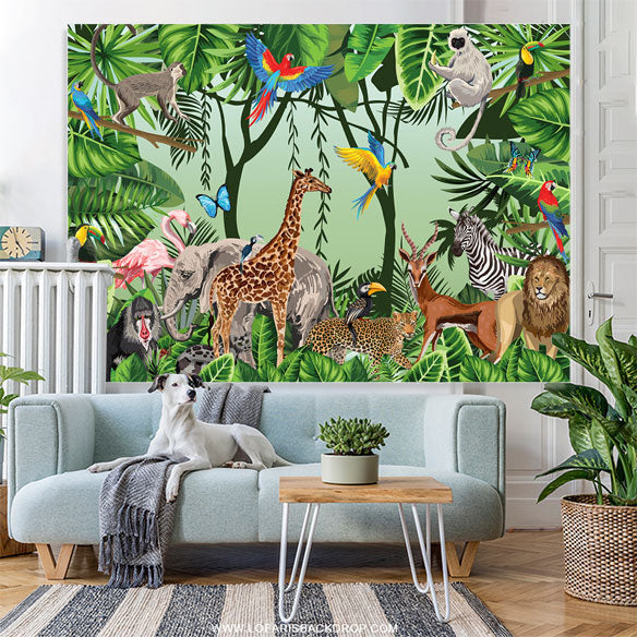 Lofaris Green Leaves Safari Animals Birthday Party Backdrop