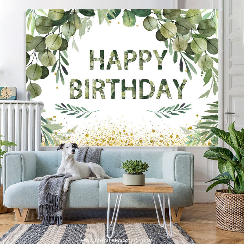 Lofaris Green Leaves With Golden Dots Happy Birthday Backdrop