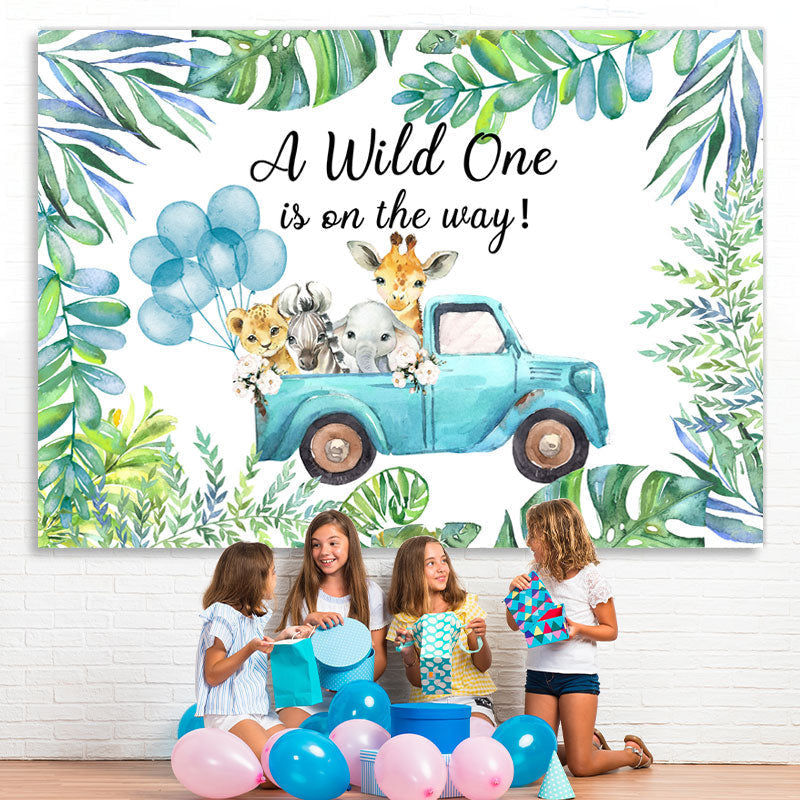 Lofaris Green Plant Blue Truck With Animals Birthday Backdrop